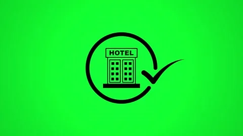 Hotel building icon check mark loading animation on green screen background. Stock Footage 346498100
