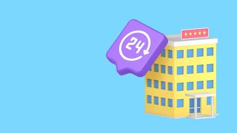 Hotel building with red five-star sign paired with purple 24-hour button repr Ilustração Stock