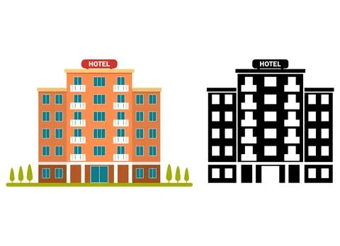Hotel building vector icon set with flat color and black silhouette facad Stock Illustration