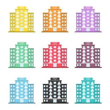 Hotel building vector set, colorful flat icons collection of modern urban Ilustración de archivo