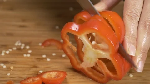 Hotel chef cutting red papers to make salsa-big slices 4k Stock Footage 96155414