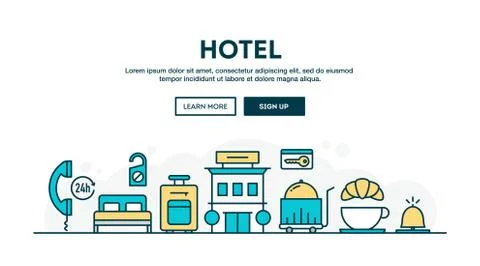 Hotel, colorful concept header, flat design thin line style Stock Illustration