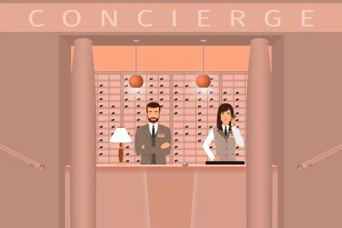 Hotel concierge service. Front view of concierge counter with two hotel emplo Stock Illustration