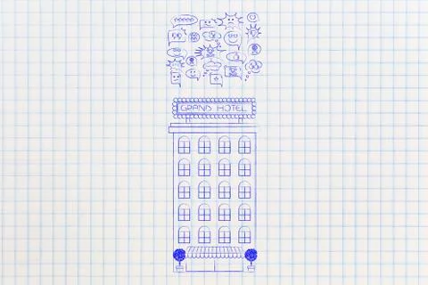 Hotel with cotrasting feedback in comic bubbles above it Ilustração Stock