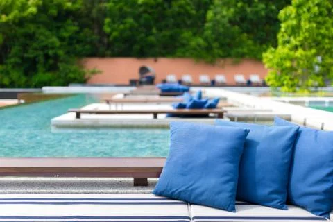 Hotel dining table set pool side Stock Photos