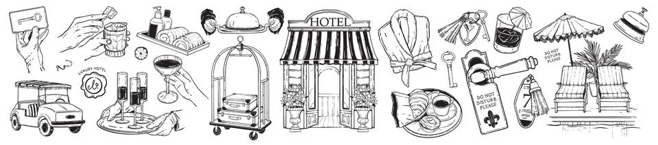 Hotel doodle icon set, vector hand drawn summer vacation villa luxury resort Ilustración de archivo