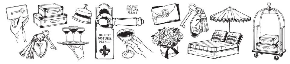Hotel doodle set, vector hand drawn vacation line illustration Illustration