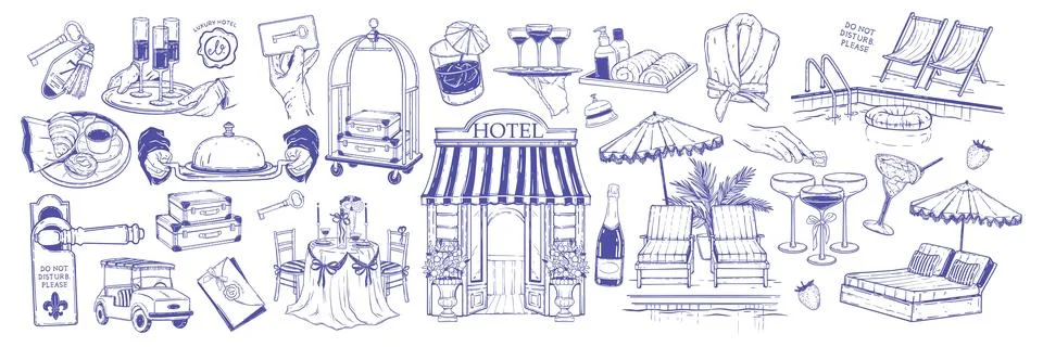Hotel doodle set, vector hand drawn summer vacation rest line illustration イラスト素材