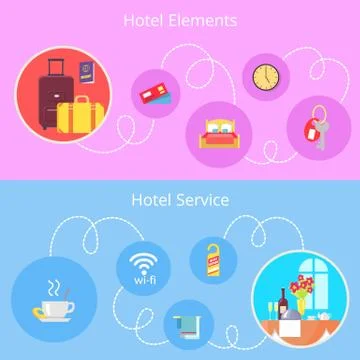 Hotel Elements and Services Vector Flat Poster Stock Illustration
