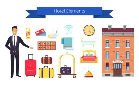 Hotel Elements Icons and Title Vector Illustration Stock Illustration