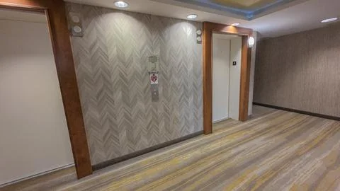 Hotel elevator hallway with carpet and wooden frames Stock-Fotos