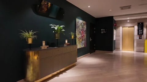 Hotel Elevator Lobby with Gold Doors, Artwork, and Plants in Sweden Vidéo 347682248