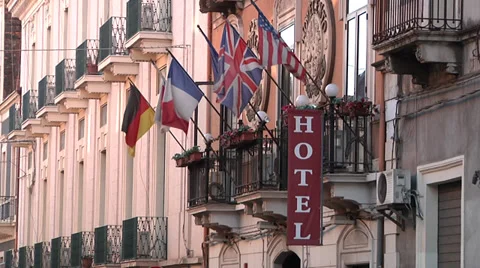 Hotel, Flags, Day, Building. Video stock 32348657