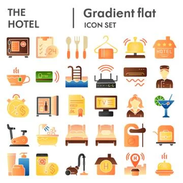 Hotel flat icon set, service symbols collection, vector sketches, logo Stock Illustration