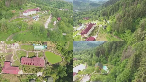Hotel in the forest. Nature retreat. Split Screen Stock Footage 255998779