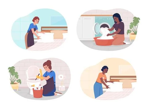 Hotel housekeeping duties 2D vector isolated illustration set Illustrazione stock