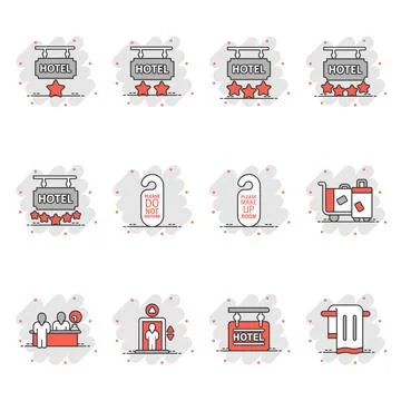 Hotel icon set in comic style. Booking cartoon vector illustration on white i Stock Illustration