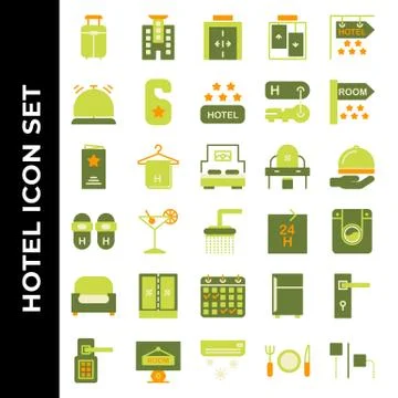 Hotel icon set include suitcase, hotel, elevator, bell, door hanger, hotel ra Stock Illustration