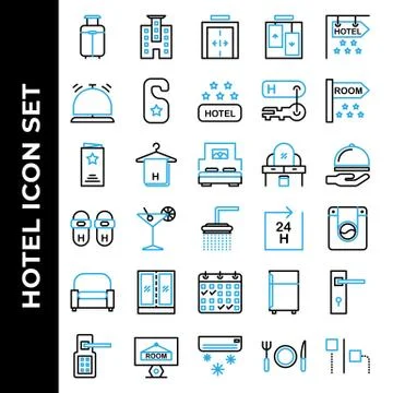 Hotel icon set include suitcase, hotel, elevator, bell, door hanger, hotel ra Stock Illustration