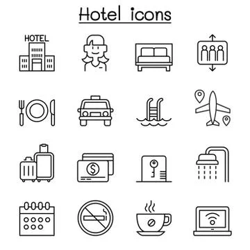Hotel icon set in thin line style 스톡 일러스트