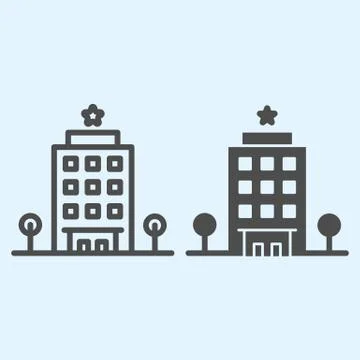Hotel line and solid icon. Traveler spot building with star on top with trees 库存插图