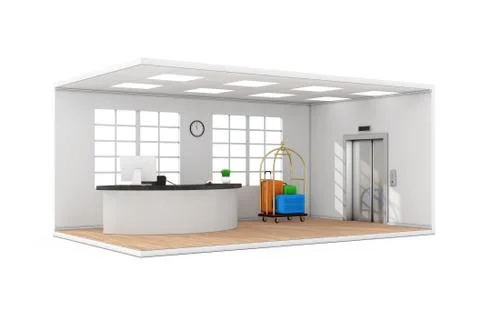 Hotel Lobby Hall Interior with Reception Desk,  Window, Suitcases in Golden L Stock Illustration