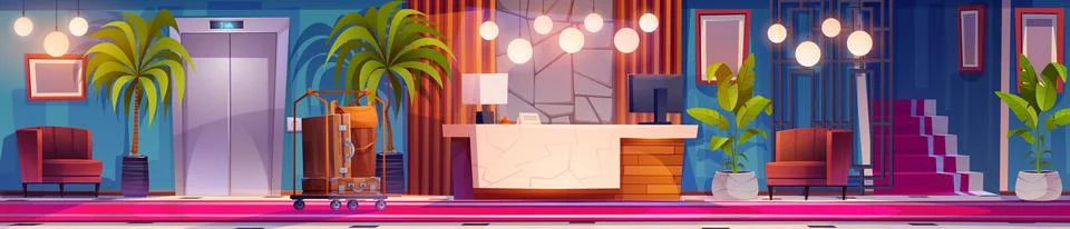 Hotel lobby interior with reception vector cartoon Illustrazione stock