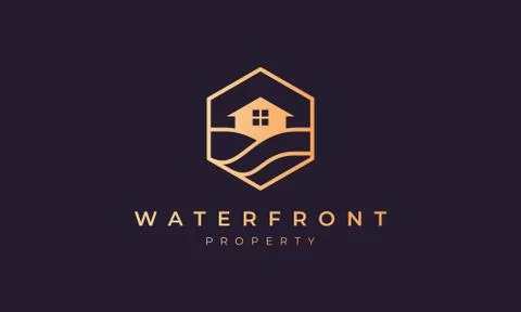 Hotel logo with a hexagon base shape with ocean wave and window Stock Illustration