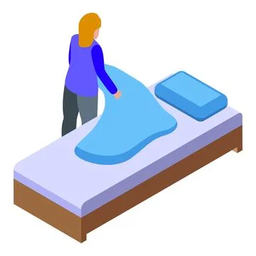 Hotel maid making the bed, changing linen and arranging pillows イラスト素材