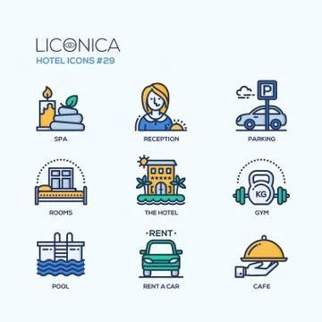 Hotel - modern vector flat line design icons set. Stock Illustration