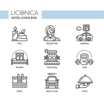 Hotel - modern vector flat line design icons set. Stock Illustration