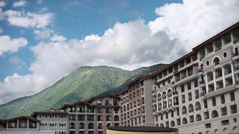 Hotel with mountains in the background Stock Footage 124862662
