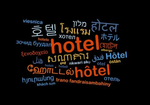 Hotel multilanguage wordcloud background concept Stock Illustration