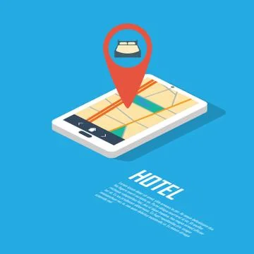 Hotel navigation point and pin. Smartphone gps technology for location of Stock Illustration