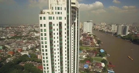 Hotel Next To Chao Phraya River In Thonburi, Bangkok, Thailand Stock Footage 73886215