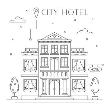 Hotel or hostel building facade flat line design Stock Illustration