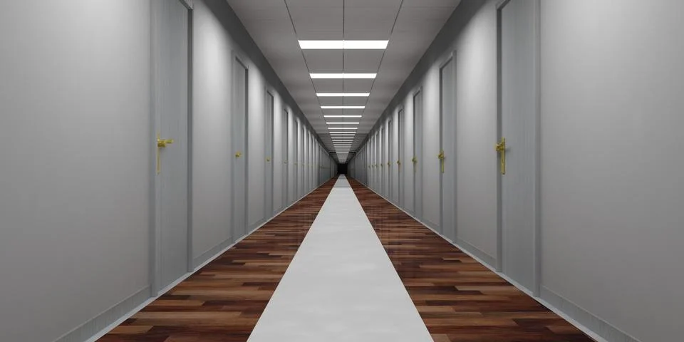 Hotel or office building empty corridor with grey doors and wooden and marble Ilustración de archivo