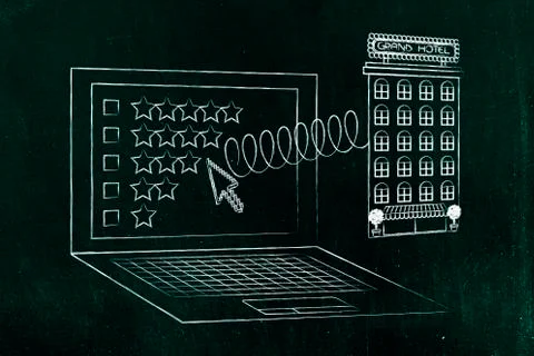 Hotel out of laptop screen on a spring, star category selection Stock Illustration