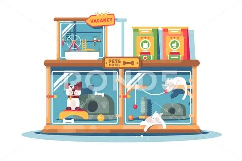 Hotel for pets filled with dogs and cats Stock Illustration