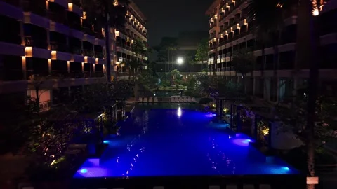 Hotel pool illuminating the night, a sequence of tranquil scenes Stock Footage 306659998