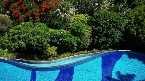 Hotel pool pan up to sea view no people Stock Footage 160976604