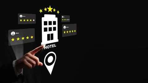 Hotel rating system shows feedback and location on a digital screen Stock Photos