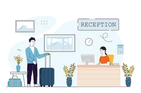 Hotel reception check-in scene vector. Vector illustration Stock Illustration