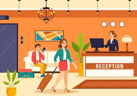 Hotel Reception Interior Vector Illustration with Receptionist People and T.. Stock Illustration