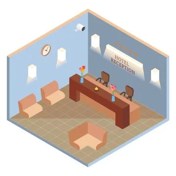 Hotel reception interior in vector isometric style. Illustration in flat 3d Stock Illustration