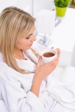 Hotel resident drinking her tea Stock Photos