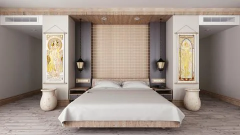 Hotel resort room 3d render. Tropical and minimalist bedroom interior design Stock Illustration