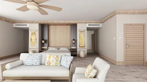 Hotel resort room 3d render. Tropical and minimalist style bedroom interior Stock Illustration