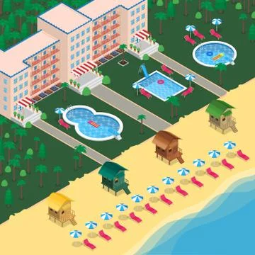 Hotel resort vector 3d isometric illustration. Modern buildings, swimming poo Ilustración de archivo