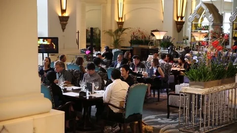Hotel restaurant crowded dining Stock Footage